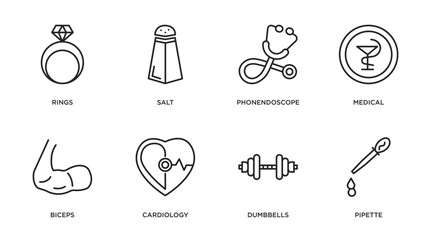 Poster - health and medical outline icons set. thin line icons such as rings, salt, phonendoscope, medical, biceps, cardiology, dumbbells, pipette vector.