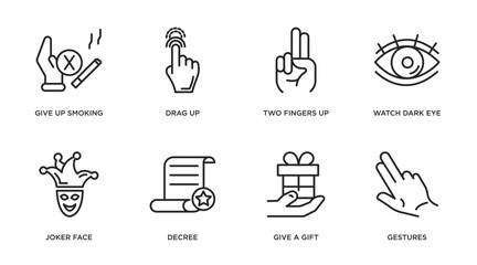 Poster - gestures outline icons set. thin line icons such as give up smoking, drag up, two fingers up, watch dark eye, joker face, decree, give a gift, gestures vector.