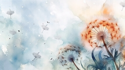 watercolor dandelions art light tones background wallpaper freedom of flight. Generative AI