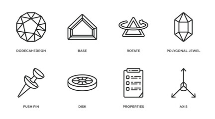 Poster - geometry outline icons set. thin line icons such as dodecahedron, base, rotate, polygonal jewel, push pin, disk, properties, axis vector.