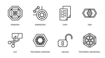 Poster - geometry outline icons set. thin line icons such as ennegon, dimensions, copy, join, cut, polygonal hexagon, unlock, polygonal hexagonal vector.