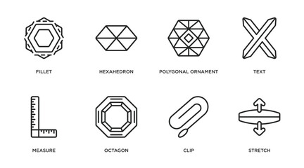 Poster - geometry outline icons set. thin line icons such as fillet, hexahedron, polygonal ornament, text, measure, octagon, clip, stretch vector.