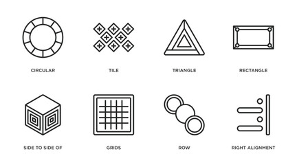 Poster - geometric figure outline icons set. thin line icons such as circular, tile, triangle, rectangle, side to side of a cube, grids, row, right alignment vector.