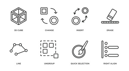 Poster - geometry outline icons set. thin line icons such as 3d cube, change, insert, erase, line, ungroup, quick selection, right align vector.