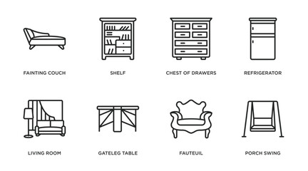 Poster - furniture & household outline icons set. thin line icons such as fainting couch, shelf, chest of drawers, refrigerator, living room, gateleg table, fauteuil, porch swing vector.