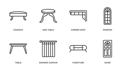Poster - furniture & household outline icons set. thin line icons such as hassock, side table, corner sofa, window, table, shower curtain, furniture, door vector.