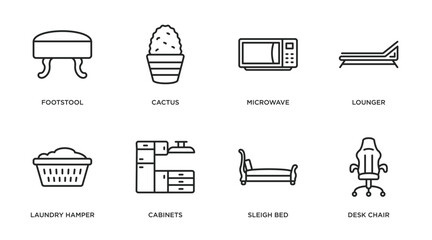 Poster - furniture & household outline icons set. thin line icons such as footstool, cactus, microwave, loung