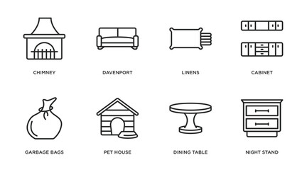 Poster - furniture & household outline icons set. thin line icons such as chimney, davenport, linens, cabinet