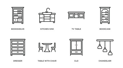 Poster - furniture outline icons set. thin line icons such as bookshelve, kitchen sink, tv table, bookcase, dresser, table with chair, clo, chandelier vector.