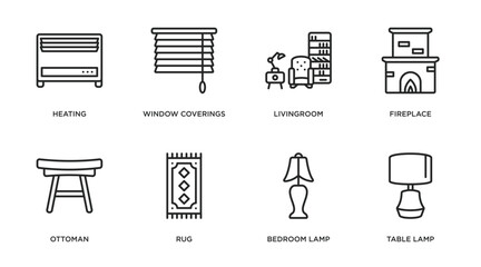 Wall Mural - furniture & household outline icons set. thin line icons such as heating, window coverings, livingroom, fireplace, ottoman, rug, bedroom lamp, table lamp vector.