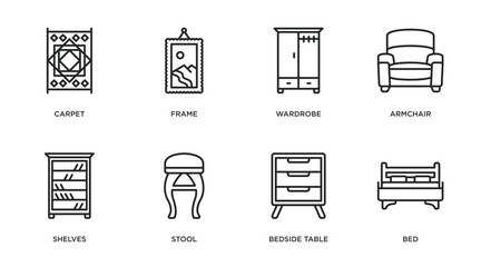 Poster - furniture collection. outline icons set. thin line icons such as carpet, frame, wardrobe, armchair, shelves, stool, bedside table, bed vector.
