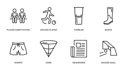 Poster - football outline icons set. thin line icons such as player substitution, soccer player, tumbler, boo