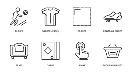 Poster - football outline icons set. thin line icons such as player, soccer jersey, corner, football shoes, seats, cards, point, shopping basket vector.