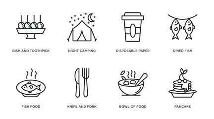 Wall Mural - food outline icons set. thin line icons such as dish and toothpick, night camping, disposable paper cup, dried fish, fish food, knife and fork, bowl of food, pancake vector.