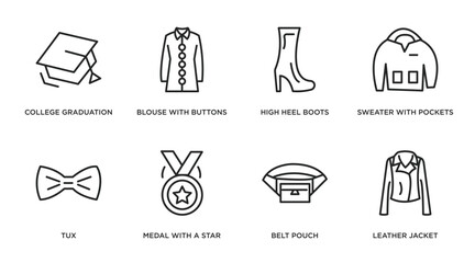 fashion outline icons set. thin line icons such as college graduation cap, blouse with buttons, high