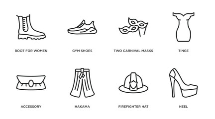 Poster - fashion outline icons set. thin line icons such as boot for women, gym shoes, two carnival masks, tinge, accessory, hakama, firefighter hat, heel vector.