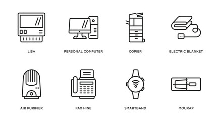 Poster - electronic devices outline icons set. thin line icons such as lisa, personal computer, copier, electric blanket, air purifier, fax hine, smartband, mourap vector.
