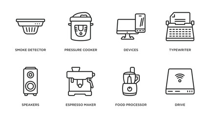 electronic devices outline icons set. thin line icons such as smoke detector, pressure cooker, devices, typewriter, speakers, espresso maker, food processor, drive vector.