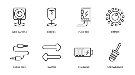 Poster - electrian connections outline icons set. thin line icons such as web camera, broken, fuse box, dimme