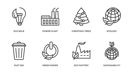 Poster - ecology outline icons set. thin line icons such as eco bulb, power plant, christmas trees, ecology, 