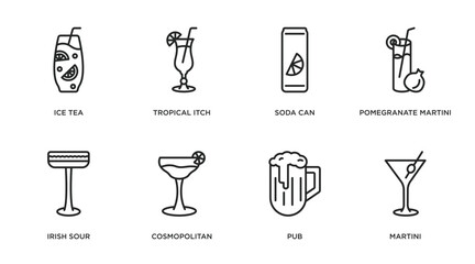 Poster - drinks outline icons set. thin line icons such as ice tea, tropical itch, soda can, pomegranate martini, irish sour, cosmopolitan, pub, martini vector.