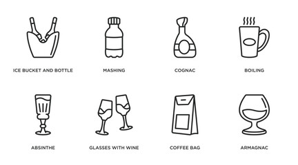 Canvas Print - drinks outline icons set. thin line icons such as ice bucket and bottle, mashing, cognac, boiling, absinthe, glasses with wine, coffee bag, armagnac vector.