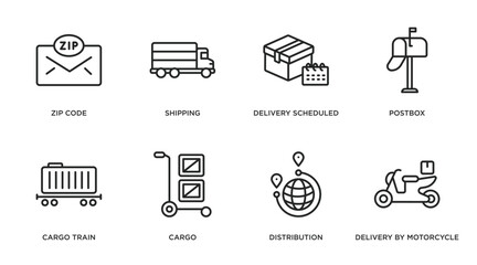 Poster - delivery and logistic outline icons set. thin line icons such as zip code, shipping, delivery scheduled, postbox, cargo train, cargo, distribution, delivery by motorcycle vector.