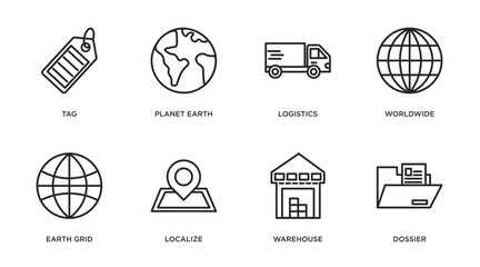 Poster - delivery and logistic outline icons set. thin line icons such as tag, planet earth, logistics, worldwide, earth grid, localize, warehouse, dossier vector.