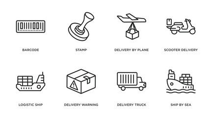 Poster - delivery and logistic outline icons set. thin line icons such as barcode, stamp, delivery by plane, scooter delivery, logistic ship, warning, truck, ship by sea vector.