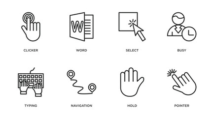 Poster - category outline icons set. thin line icons such as clicker, word, select, busy, typing, navigation, hold, pointer vector.