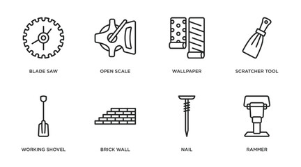 Poster - construction tools outline icons set. thin line icons such as blade saw, open scale, wallpaper, scratcher tool, working shovel, brick wall, nail, rammer vector.