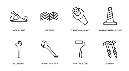 Poster - construction tools outline icons set. thin line icons such as jack plane, parquet, wrench and nut, r