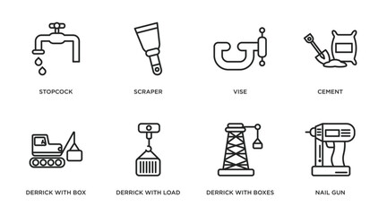 Poster - construction outline icons set. thin line icons such as stopcock, scraper, vise, cement, derrick with box, derrick with load, derrick with boxes, nail gun vector.