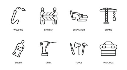 Poster - construction outline icons set. thin line icons such as welding, barrier, excavator, crane, brush, d
