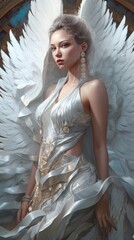 Wall Mural - Beautiful young woman in a silver dress with a white angel wings, Generative AI