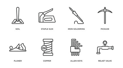 Poster - construction and tools outline icons set. thin line icons such as soil, staple gun, iron soldering, pickaxe, planer, copper, allen keys, relief valve vector.