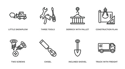 Poster - construction outline icons set. thin line icons such as little snowplow, three tools, derrick with pallet, construction plan, two screws, chisel, inclined shovel, truck with freight vector.