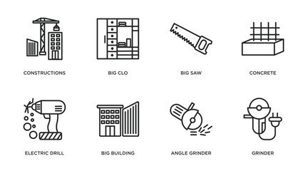 Poster - construction outline icons set. thin line icons such as constructions, big clo, big saw, concrete, e