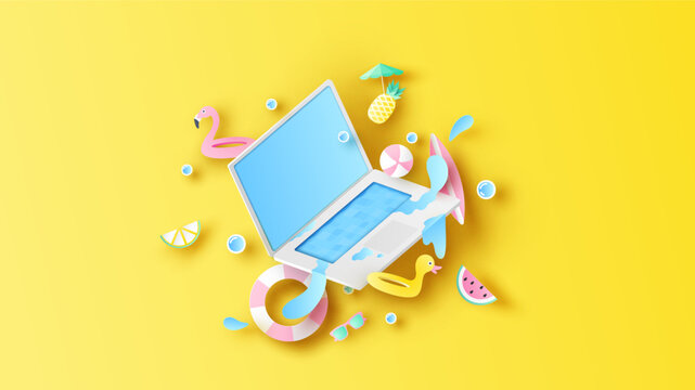 Laptop with summer beach equipment. Design Notebook for Summer. Summer time. paper cut and craft style. vector, illustration.