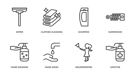 Poster - cleaning outline icons set. thin line icons such as wiper, clothes cleaning, shampoo, suspension, hand washing, hand wash, housekeeping, sanitize vector.
