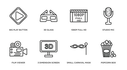 Poster - cinema outline icons set. thin line icons such as big play button, 3d glass, 1080p full hd, studio mic, film viewer, 3 dimension screen, small carnival mask, popcorn box vector.