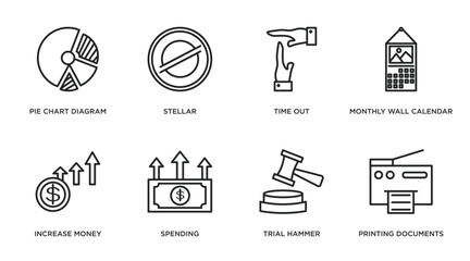 Sticker - business and finance outline icons set. thin line icons such as pie chart diagram, stellar, time out, monthly wall calendar, increase money, spending, trial hammer, printing documents vector.