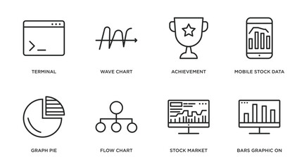 Poster - business and analytics outline icons set. thin line icons such as terminal, wave chart, achievement, mobile stock data, graph pie, flow chart, stock market, bars graphic on screen vector.