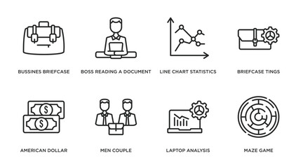 Poster - business outline icons set. thin line icons such as bussines briefcase, boss reading a document, line chart statistics, briefcase tings, american dollar bill, men couple, laptop analysis, maze game