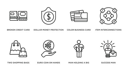 Poster - business outline icons set. thin line icons such as broken credit card, dollar money protection, col