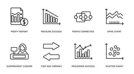 Poster - business outline icons set. thin line icons such as profit report, measure success, points connected