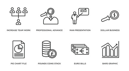 Poster - business outline icons set. thin line icons such as increase team work, professional advance, man presentation, dollar business search, pie chart file, pounds coins stack, euro bills, bars graphic