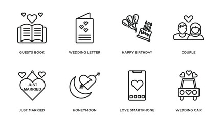 Poster - birthday and party outline icons set. thin line icons such as guests book, wedding letter, happy birthday, couple, just married, honeymoon, love smartphone, wedding car vector.