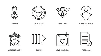 Wall Mural - birthday and party outline icons set. thin line icons such as groom, love plate, love lock, wedding altar, wedding arch, queue, love calendar, proposal vector.