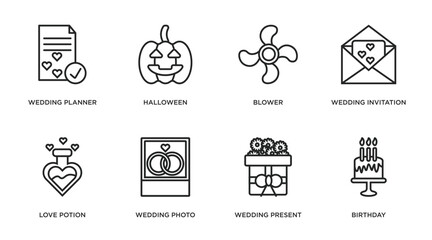 Sticker - birthday and party outline icons set. thin line icons such as wedding planner, halloween, blower, wedding invitation, love potion, wedding photo, present, birthday vector.